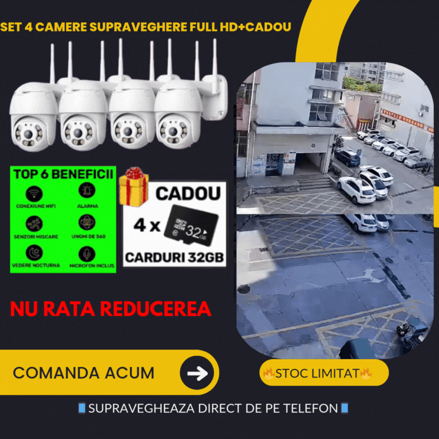 Set Promo: 4 Camere De Supraveghere Wifi Smart, Full HD, Senzor de Miscare, IP66, Aplicatie Telefon + 4 Carduri 32 GB+ EXTRA CADOU SURPRIZA