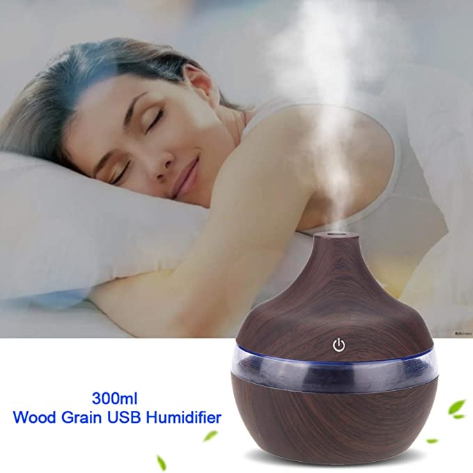 1+1 GRATIS: Difuzor Aromaterapie Cu Ultrasunete Si Umidificator Cu LED, 300 ml, Wenge + 12 uleiuri CADOU
