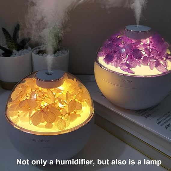 Difuzor De Aromaterapie cu Flori Artificiale, Iluminare Alb Cald, Alb/Mov + 12 Uleiuri Esentiale CADOU