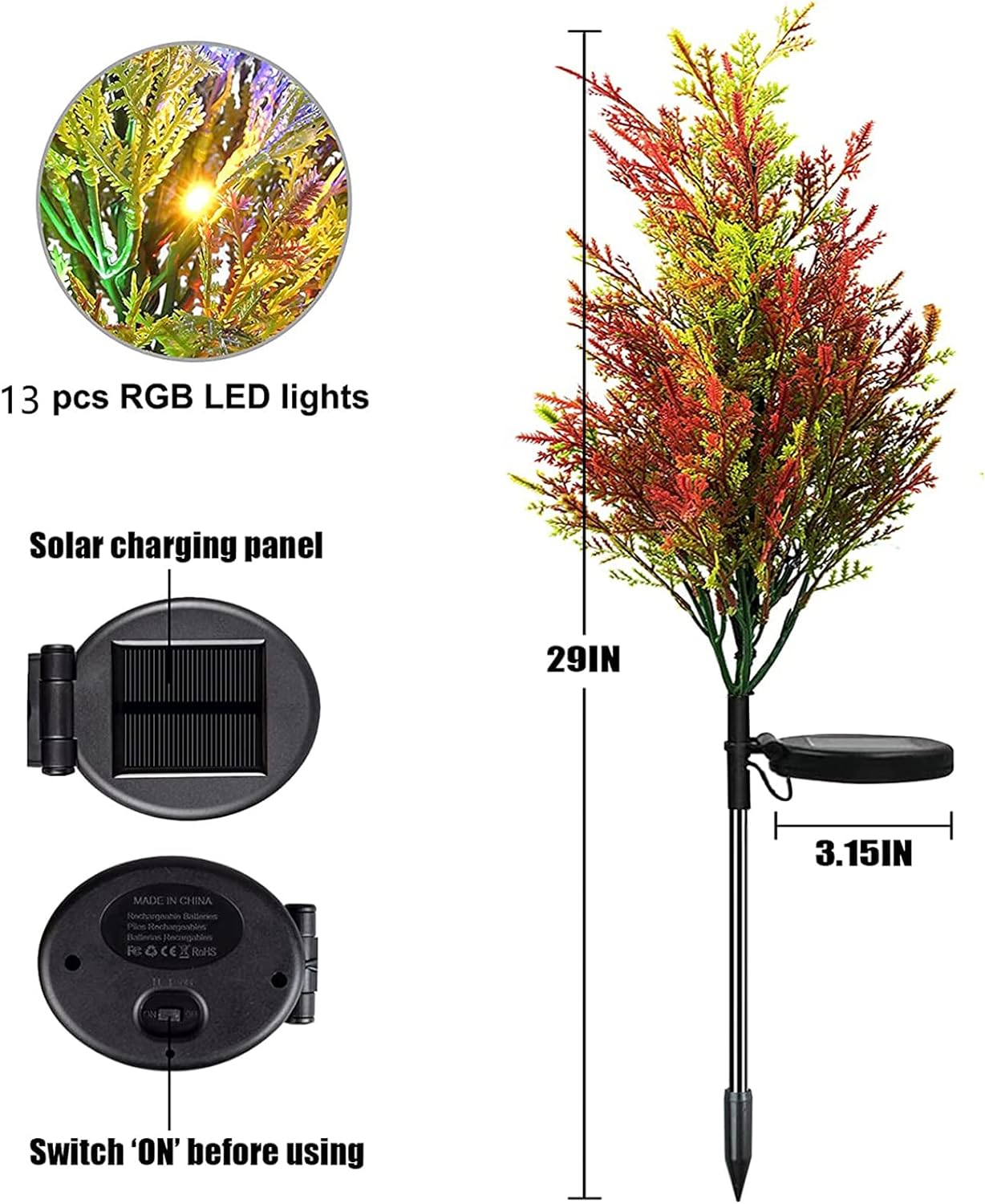 1+1 GRATIS:Bradut cu Lumini RGB, Incarcare Solara, Panou Solar Inclus, Lumini Multicolore, 74 cm Inaltime