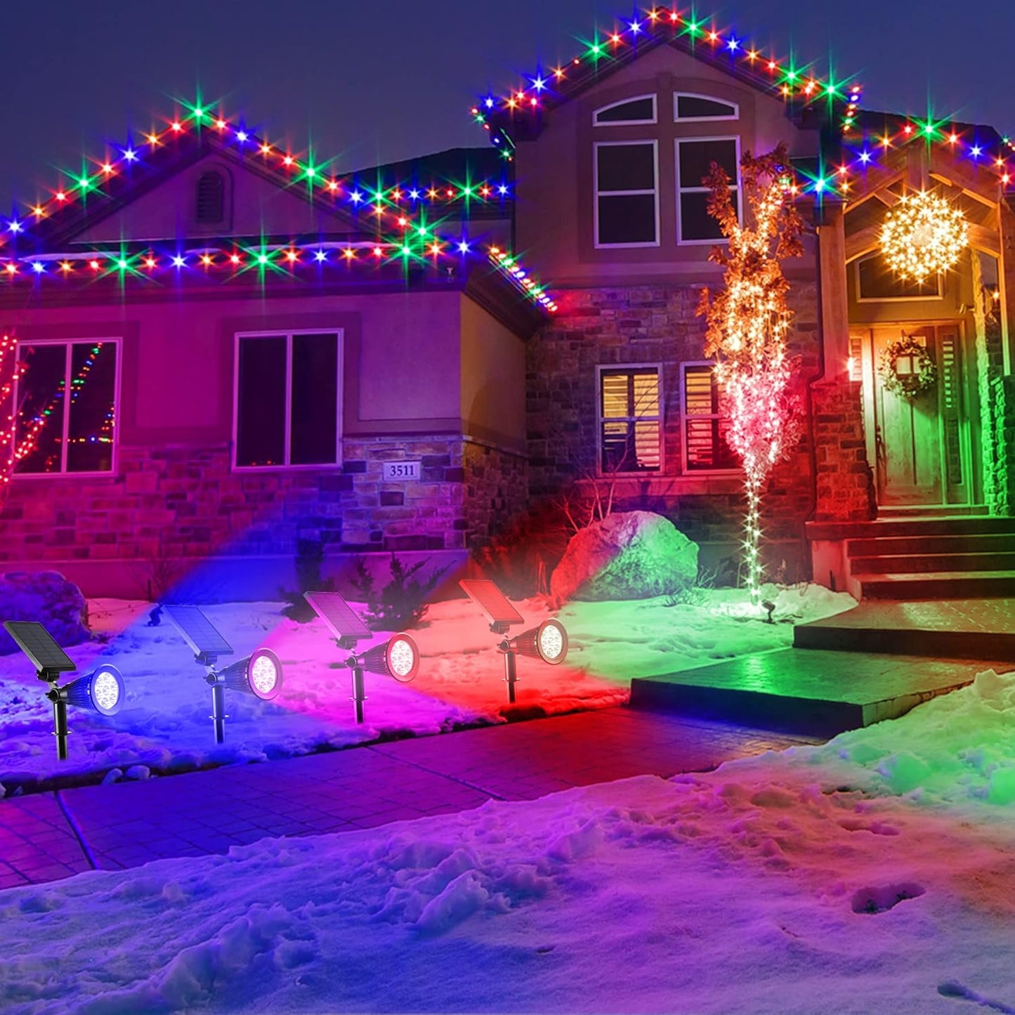 Spot LED cu Incarcare Solara, 7 LED-uri Puternice, Lumina Colorata, 7 Culori, Reglabil, Cu Suport de Fixare