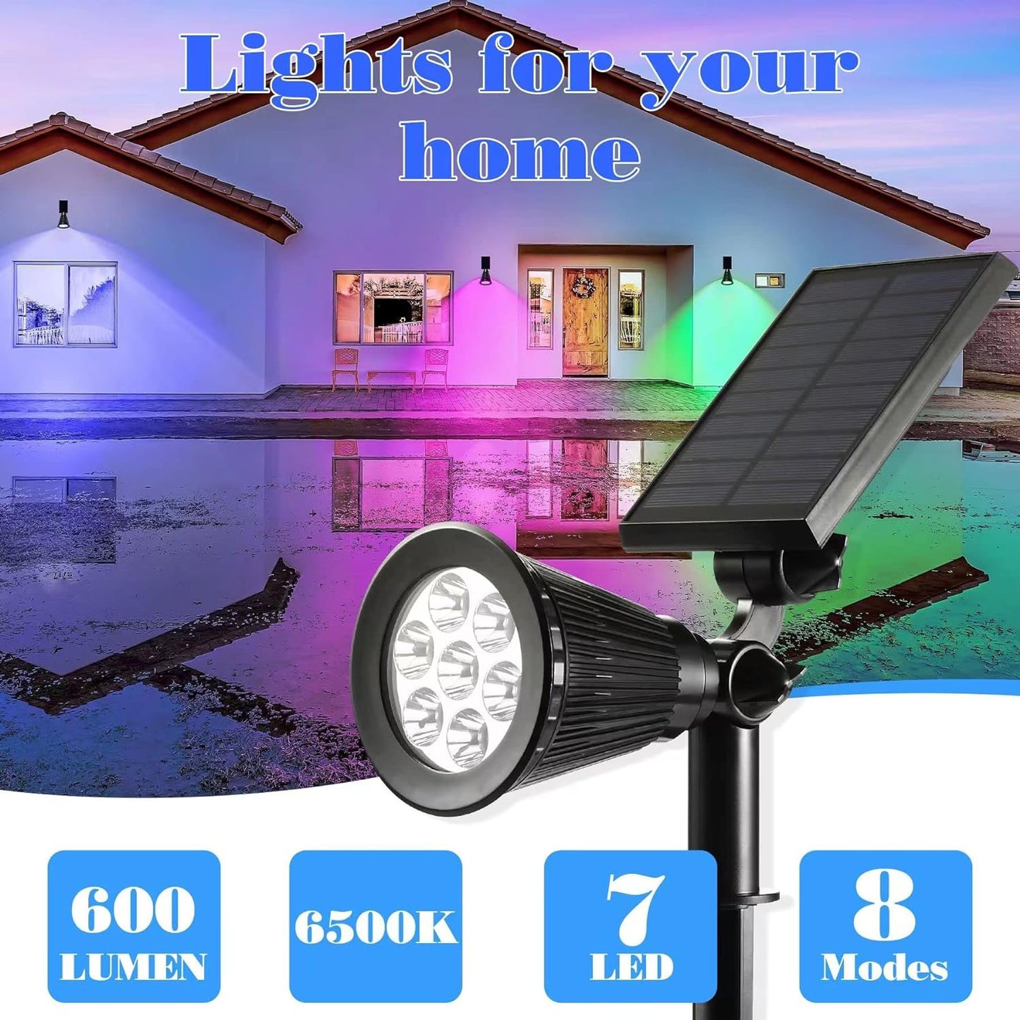 Spot LED cu Incarcare Solara, 7 LED-uri Puternice, Lumina Colorata, 7 Culori, Reglabil, Cu Suport de Fixare