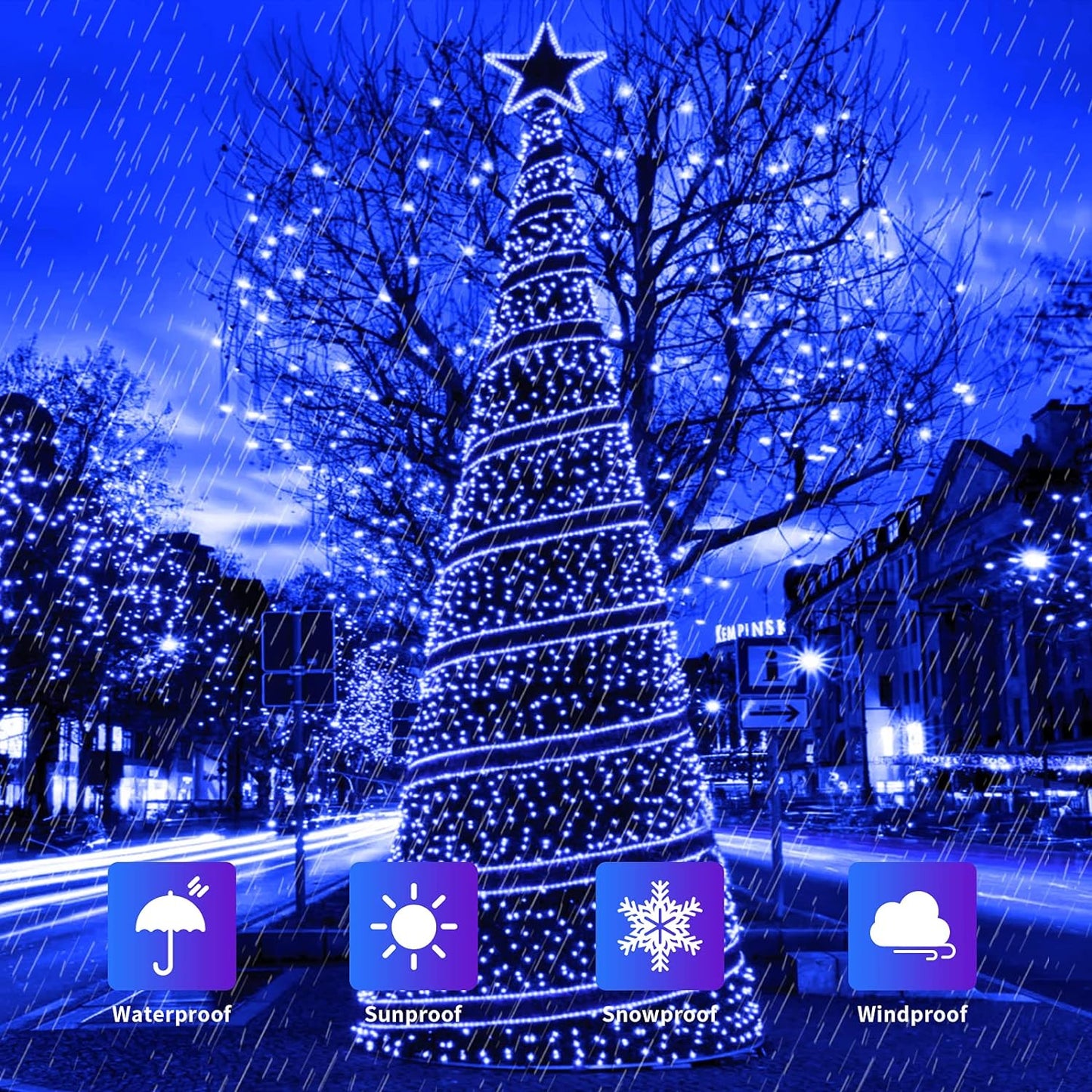 1+1 GRATIS: Instalatie De Craciun, Tip Rola, Cu 200 LED-uri Mari, Interior sau Exterior, Rezistenta La Vreme Rea, 20 m, Albastru Regal
