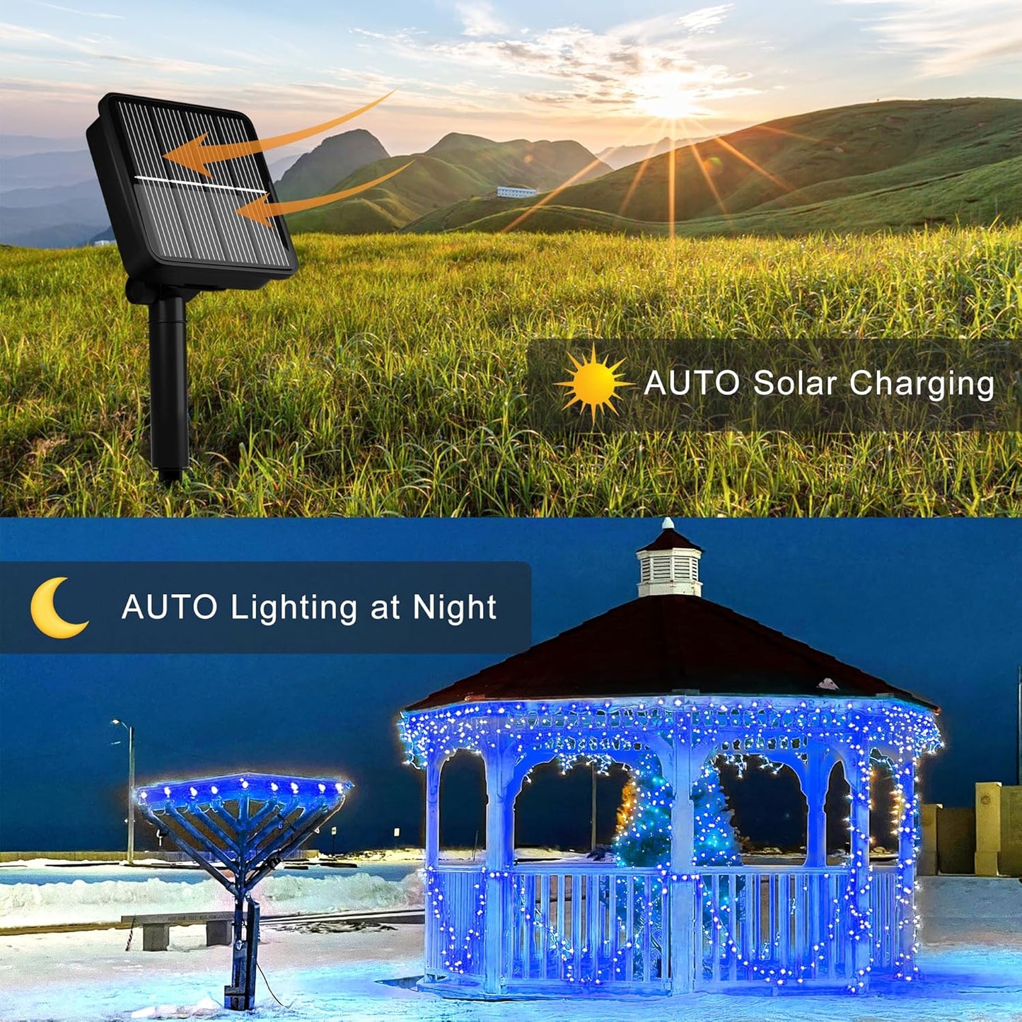 Instalatie De Craciun, Cu Incarcare Solara, 100 LED, Albastru, 10m, 1+1 CADOU