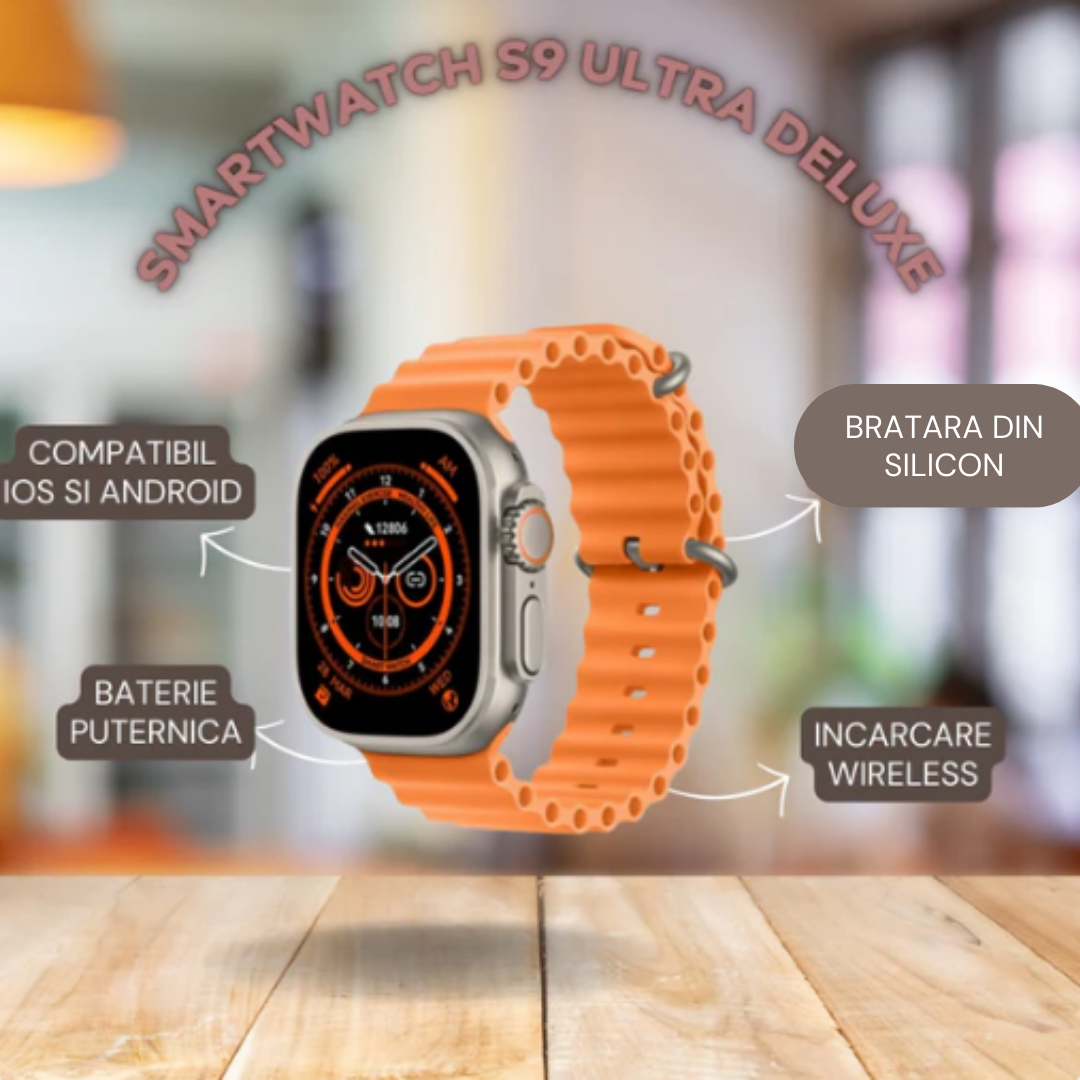 Ceas Smartwatch S9 Ultra, Deluxe Edition, Incarcare Wireless, Notificare Apel, Ritm Cardiac, Monitorizare Somn cu Bratara din Silicon