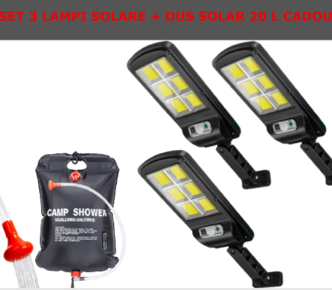 Set De 3 Lampi Solare, Cu Senzor De Miscare SI Telecomanda, 300W + CADOU Dus Solar 20 Litri