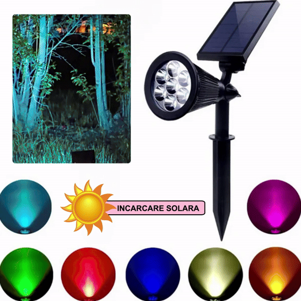 Spot LED cu Incarcare Solara, 7 LED-uri Puternice, Lumina Colorata, 7 Culori, Reglabil, Cu Suport de Fixare