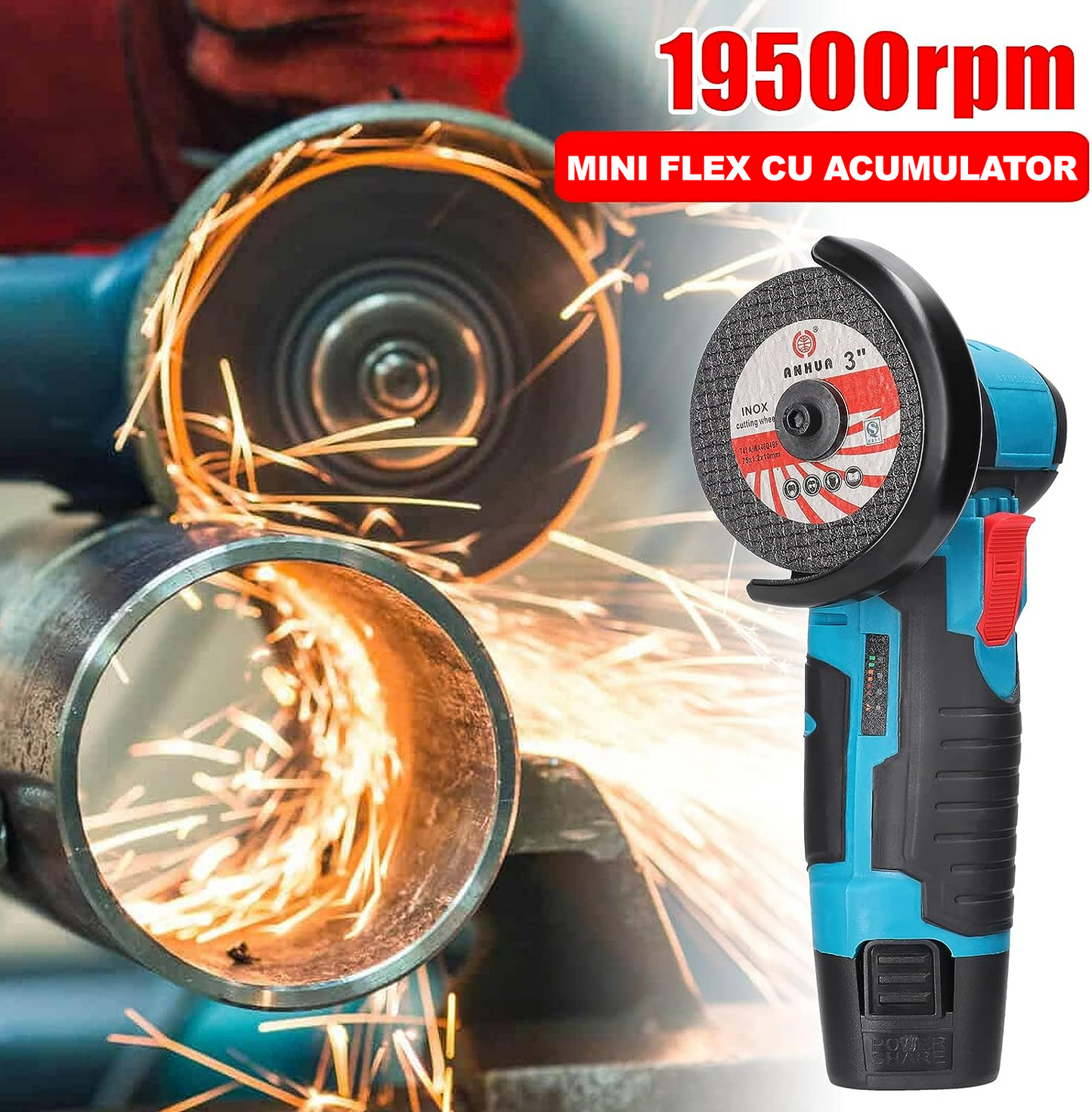 Mini Polizor Unghiular Electric cu Acumulator,Flex Portabil, 12V, Disc 76MM