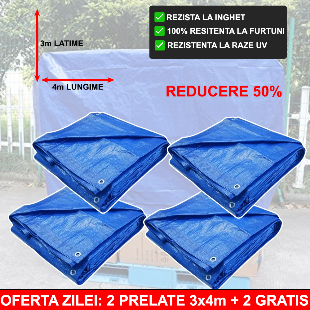 2+2 GRATIS: Prelata Super Rezistenta Pentru Ploaie si Acoperit Suprafete, 3x4 m