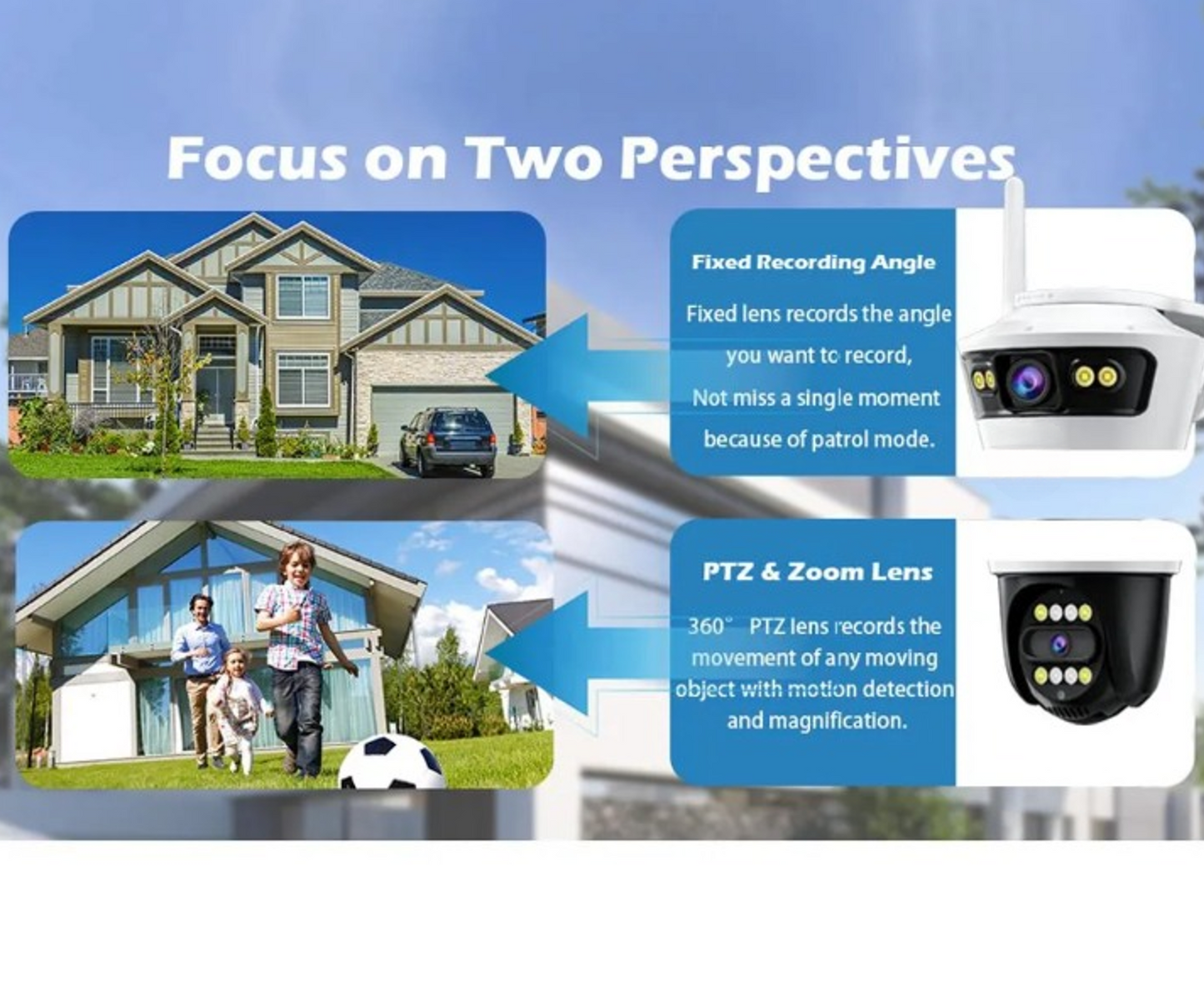 Camera Smart Jortan, Conexiune Wifi, 2 Lentile, Vizualizare Live In Aplicatie, Interior/Exterior, IP66 Protectie + CARD 32GB CADOU