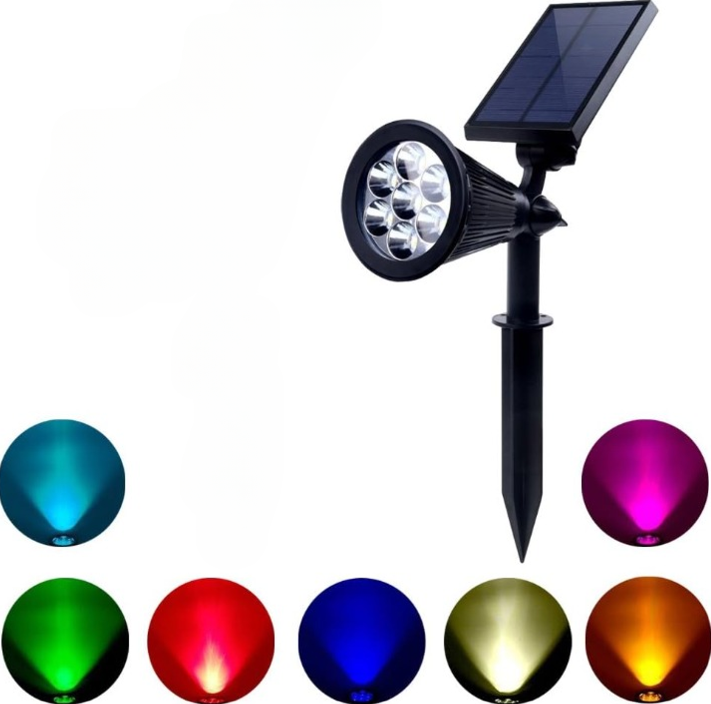 Spot LED cu Incarcare Solara, 7 LED-uri Puternice, Lumina Colorata, 7 Culori, Reglabil, Cu Suport de Fixare