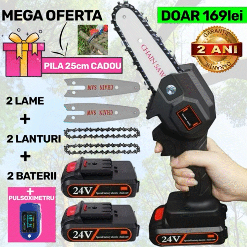 Pachet PROMO: Mini Fierastrau Electric Cu Acumulatori 24V, 2x Baterie + 2x Lant + 2x Lama, 4 Inch + Pila 25cm + PULSOXIMETRU CADOU