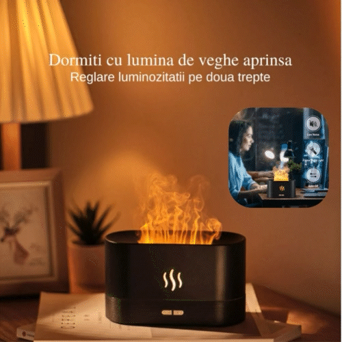 Difuzor Aromaterapie Ultrasonic - Efect Flacara, USB, Capacitate 180 ml, Negru