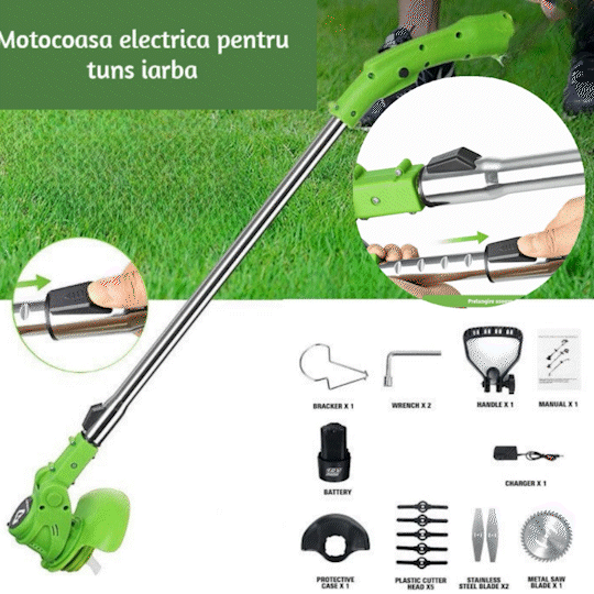 Motocoasa Fara Fir, Cu 1 Acumulator De 12V, Maner Reglabil, Viteza 18000 rpm, Diametru Lama 11-15 cm, Verde