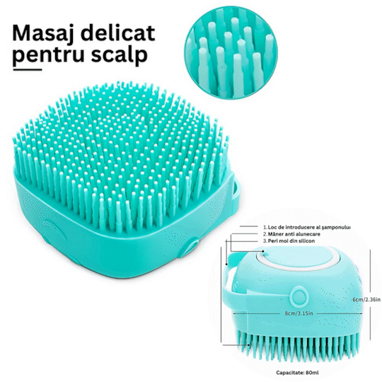 Burete Din Silicon Cu Rezervor Pentru Sampon Si Gel De Dus, Capacitate 80 ml, Turcoaz