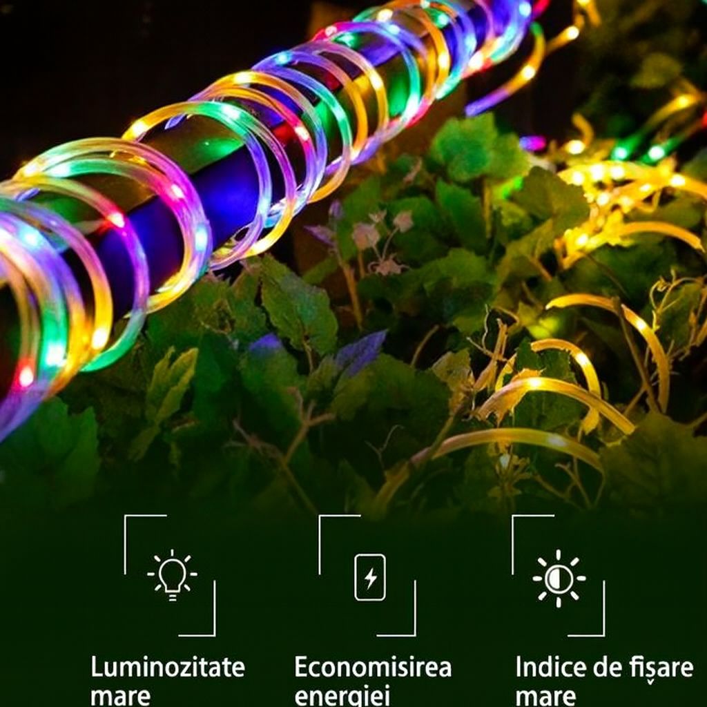 Instalatie de Craciun Tip Furtun Luminos, Lungime 20 Metri, 8 Moduri de Iluminare, Sectionabila, 220V, Controler Inclus, Lumina Multicolor
