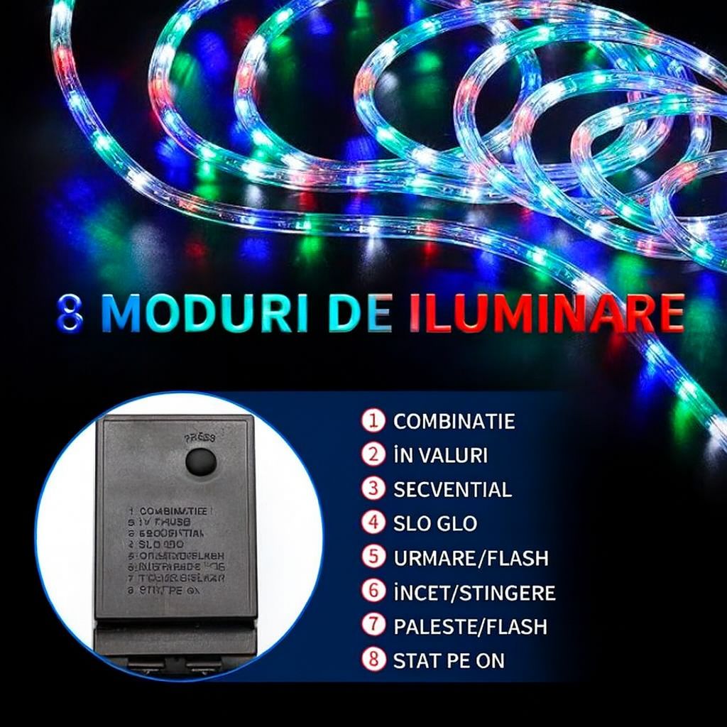 Instalatie de Craciun Tip Furtun Luminos, Lungime 20 Metri, 8 Moduri de Iluminare, Sectionabila, 220V, Controler Inclus, Lumina Multicolor