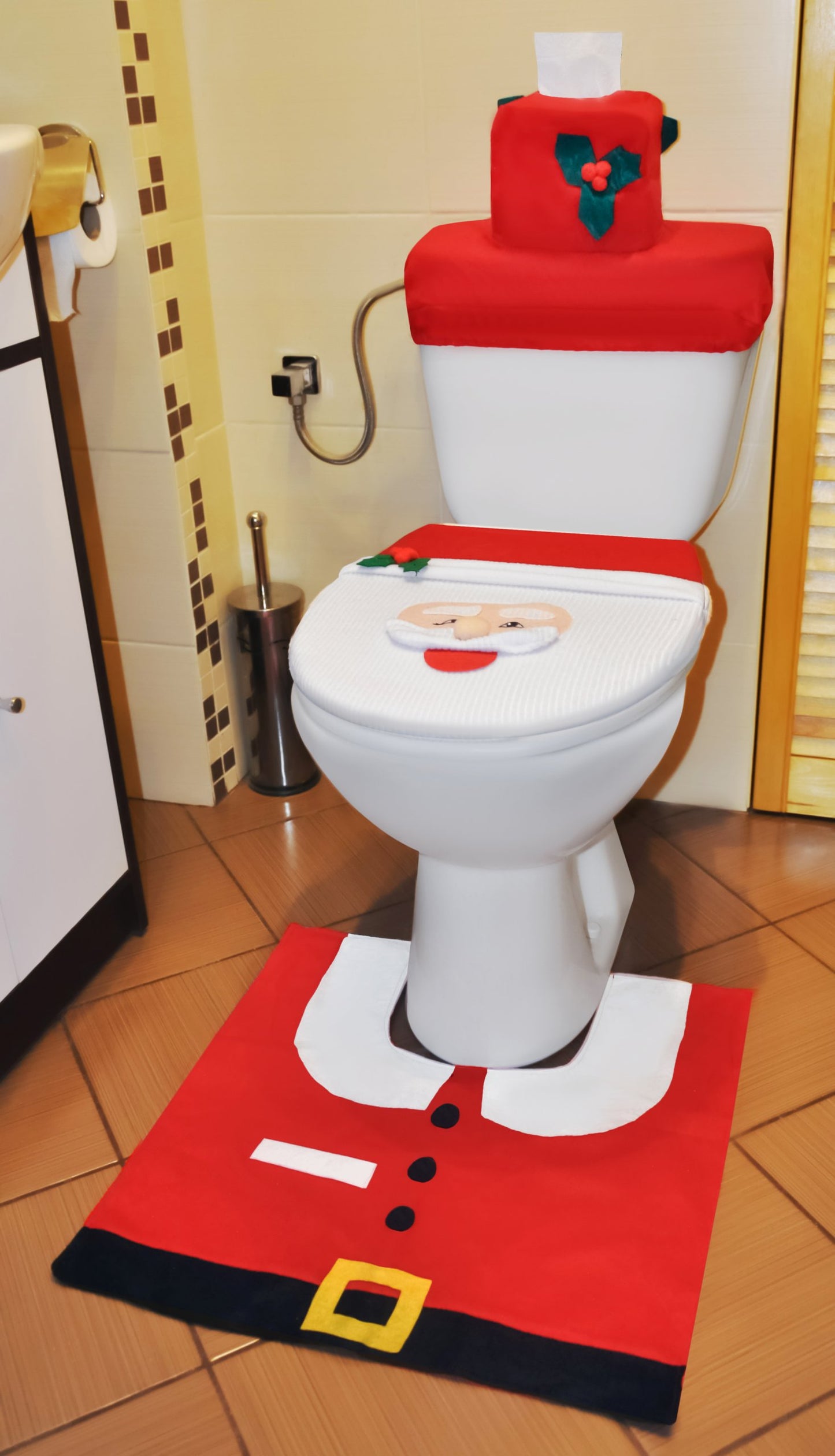 Set Decorativ Pentru Toaleta, Model Mos Craciun, 3 Piese