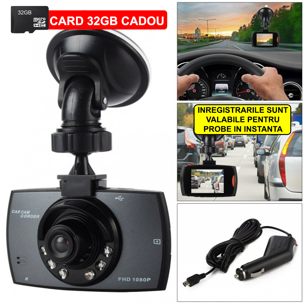 Camera de Bord DVR HD Night Vision, Ecran 2.7 inch, Senzor de miscare + Card 32 GB CADOU