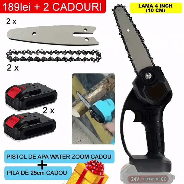 Pachet PROMO: Mini Fierastrau Electric Cu Acumulatori 24V, 2x Baterie + 2x Lant + 2x Lama, 4 Inch + CADOU Water Zoom