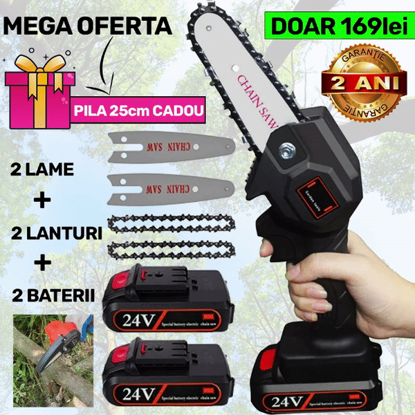 Pachet PROMO: Mini Fierastrau Electric Cu Acumulatori 24V, 2x Baterie + 2x Lant + 2x Lama, 4 Inch + Pila 25cm CADOU