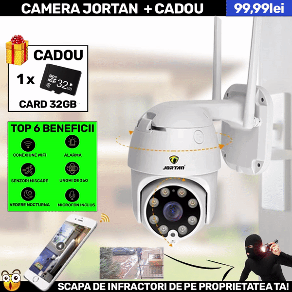 Camera Smart Color Jortan Surveillance® Wifi, IP Vizualizare Live Prin Aplicatie, Senzor de Miscare + CARD CADOU