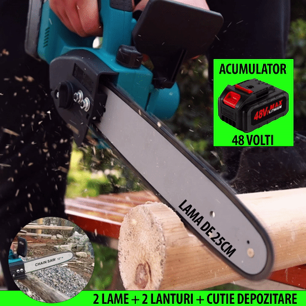 Drujba Cu Sistem de Ungere, cu 2 x Lama 25 cm, 2 x Lant, 1 Acumulator 48V, Geanta de Transport CADOU