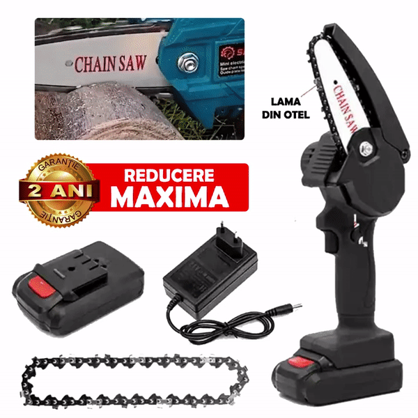 Pachet PROMO: Mini Fierastrau Electric Cu Acumulator 24V+ 1 Lant + 1 Lama, 6 Inch