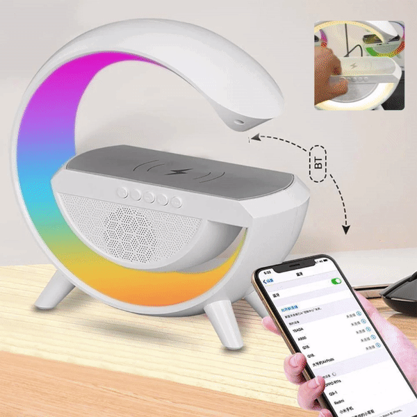 Statie 3 in 1 cu Lumina Ambientala RGB, Boxa Bluetooth si Incarcare Wireless Pentru Telefon, Alb
