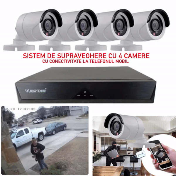 Sistem Supraveghere 4 Camere, Senzor Miscare, 4K Ultra HD, Conexiune PC/Telefon, Interior/Exterior + Hard Disk 500 GB CADOU