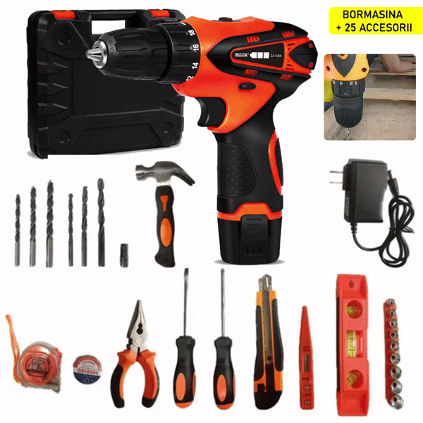 Bormasina Electrica cu 2 Acumulatori, 12V, 25 De Accesorii + Geanta De Transport Inclusa