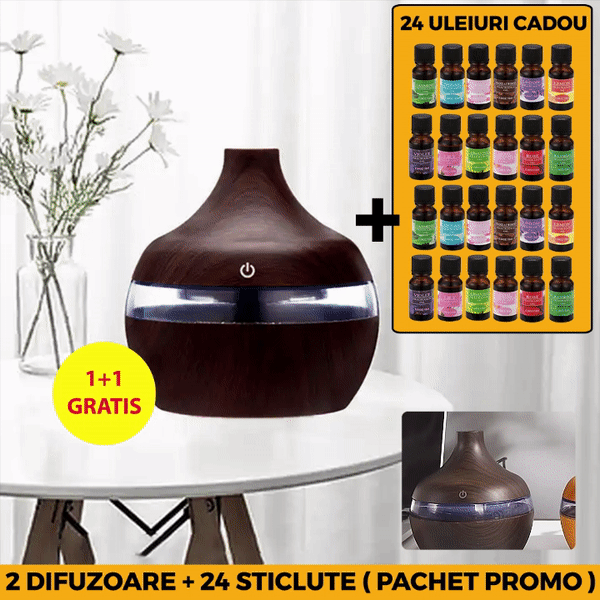 1+1 GRATIS: Difuzor Aromaterapie Cu Ultrasunete Si Umidificator Cu LED, 300 ml, Wenge + 12 uleiuri CADOU