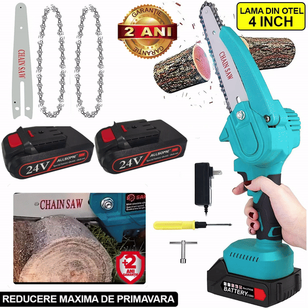 PACHET PROMO: Mini Fierastrau Electric Cu 2x Acumulatori + 2x Lant + 1x Lama,4 Inch