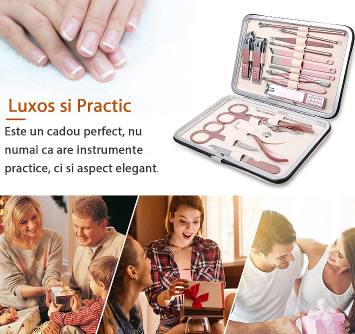 1+1 CADOU: Trusa COMPLETA Mani-Pedi de 18 piese din OTEL Inoxidabil si Accesorii Pentru Ingrijire Faciala incluse in Geanta de Depozitare