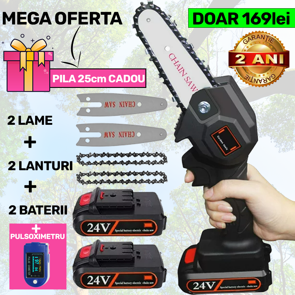 Pachet PROMO: Mini Fierastrau Electric Cu Acumulatori 24V, 2x Baterie + 2x Lant + 2x Lama, 4 Inch + Pila 25cm + PULSOXIMETRU CADOU