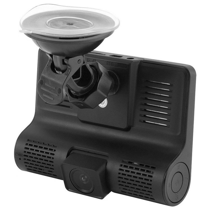 Camera auto TRIPLA Full HD cu monitor de 4 INCH pentru bord si unghi larg de filmare de 170 grade + card 64 gb CADOU