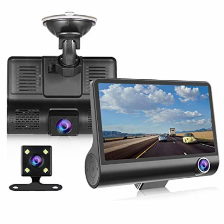 Camera auto TRIPLA Full HD cu monitor de 4 INCH pentru bord si unghi larg de filmare de 170 grade + card 64 gb CADOU