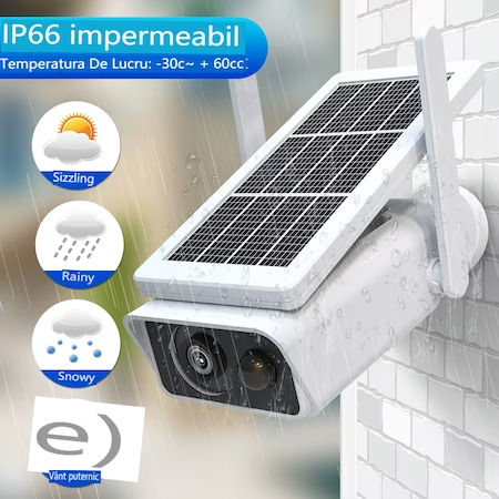 Camera de Supraveghere Solara WIFI, 3 MP FullHD, Exterior, Conectare Telefon, Night Vision, Incarcare Solara, Rezistenta la apa