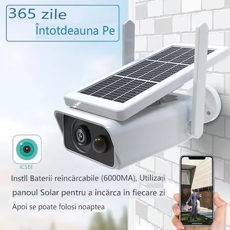 Camera de Supraveghere Solara WIFI, 3 MP FullHD, Exterior, Conectare Telefon, Night Vision, Incarcare Solara, Rezistenta la apa