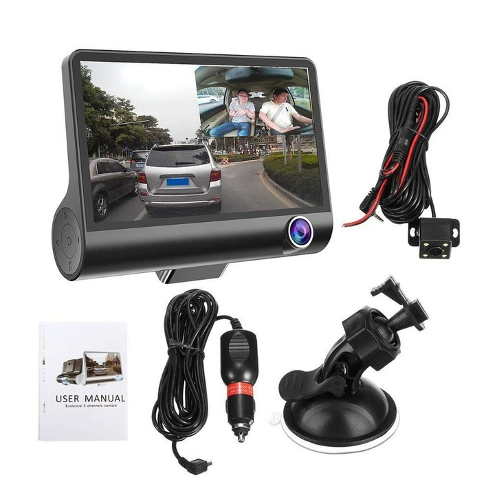 Camera auto TRIPLA Full HD cu monitor de 4 INCH pentru bord si unghi larg de filmare de 170 grade + card 64 gb CADOU