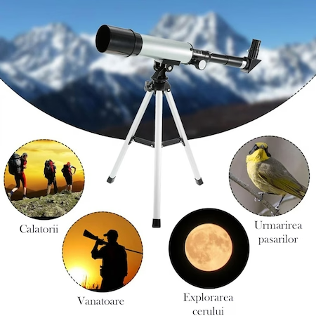 Telescop Astronomic Cu Trepied Din Aluminiu, Distanta Focala 360mm Si Prisme De 90°, Argintiu/Negru