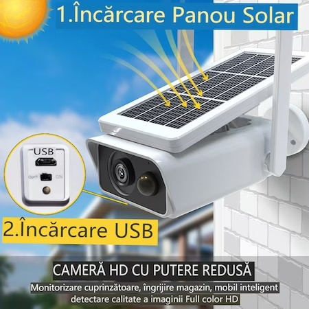 Camera de Supraveghere Solara WIFI, 3 MP FullHD, Exterior, Conectare Telefon, Night Vision, Incarcare Solara, Rezistenta la apa