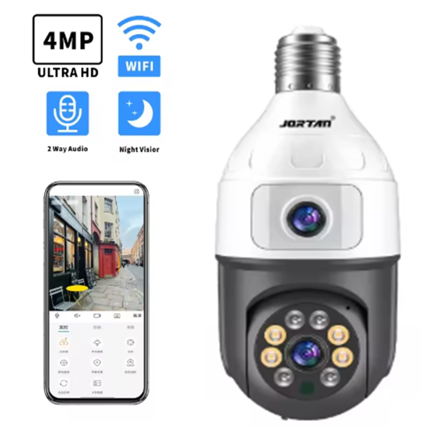 Camera Inteligenta De Supraveghere, cu 2 Lentile, Tip Bec, Conexiune Wifi, Aplicatie Telefon si Microfon Incorporat + Card 32GB Cadou
