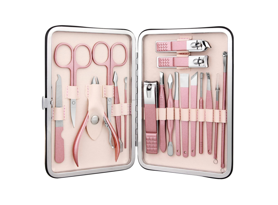 1+1 CADOU: Trusa COMPLETA Mani-Pedi de 18 piese din OTEL Inoxidabil si Accesorii Pentru Ingrijire Faciala incluse in Geanta de Depozitare