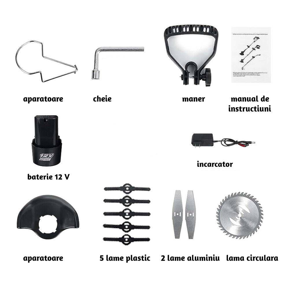 Motocoasa Fara Fir, Cu 1 Acumulator De 12V, Maner Reglabil, Viteza 18000 rpm, Diametru Lama 11-15 cm, Verde