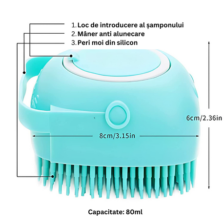 Burete Din Silicon Cu Rezervor Pentru Sampon Si Gel De Dus, Capacitate 80 ml, Turcoaz