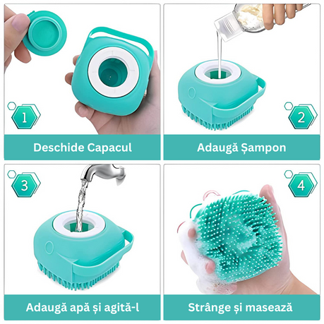 Burete Din Silicon Cu Rezervor Pentru Sampon Si Gel De Dus, Capacitate 80 ml, Turcoaz