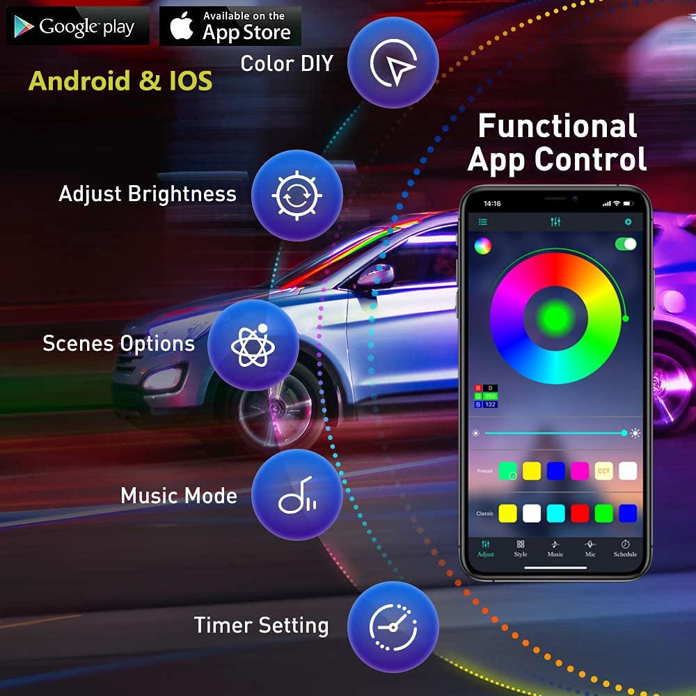 Banda LED RGB, Pentru Interior Auto, Control Din Aplicatie, Lungime 6 M