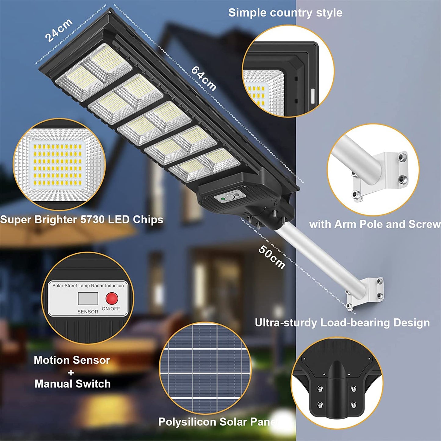 Lampa Solara Stradala, Cu Suport Metalic, Iluminare Puternica, Control Din Telecomanda