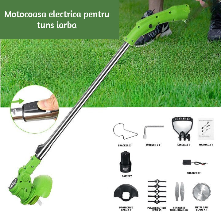 Motocoasa Fara Fir, Cu 1 Acumulator De 12V, Maner Reglabil, Viteza 18000 rpm, Diametru Lama 11-15 cm, Verde